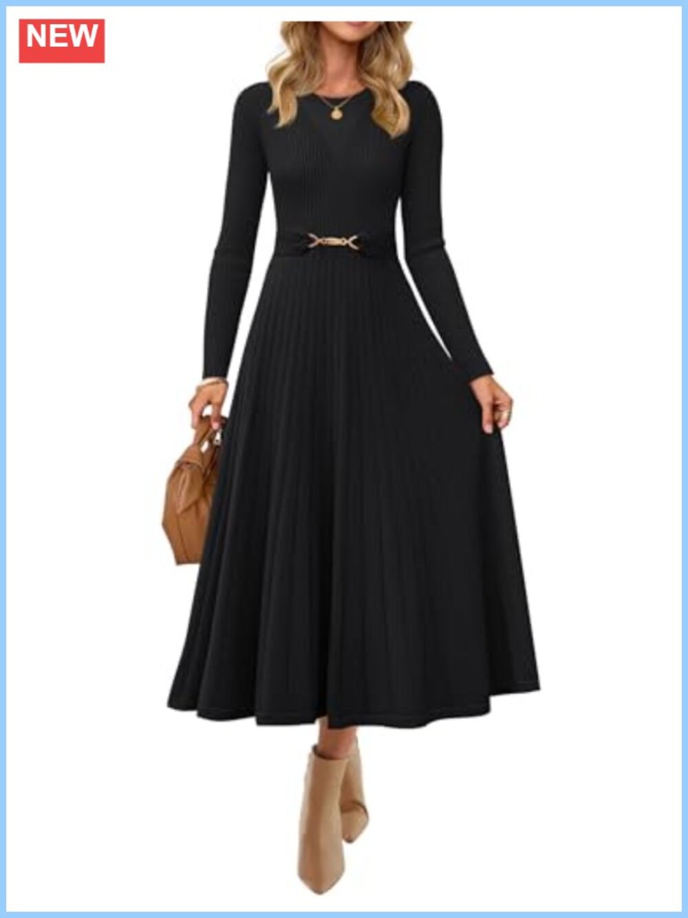 Womens Pleated Midi Sweater Dress Long Sleeve Belted Knit Fall Winter